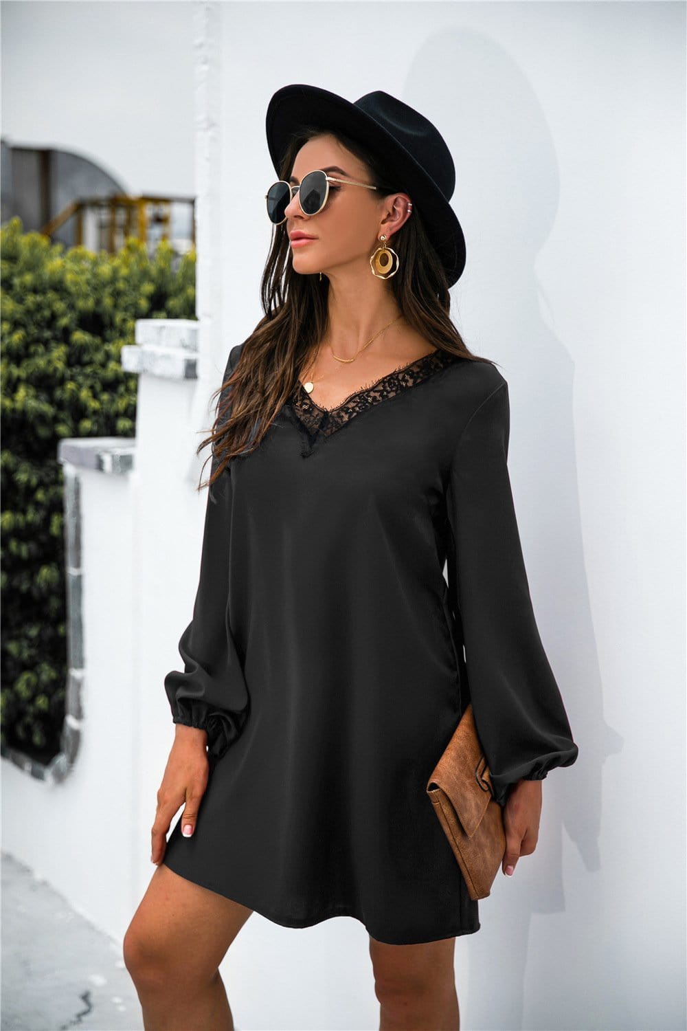 V-Neck Dress with Lace Trim