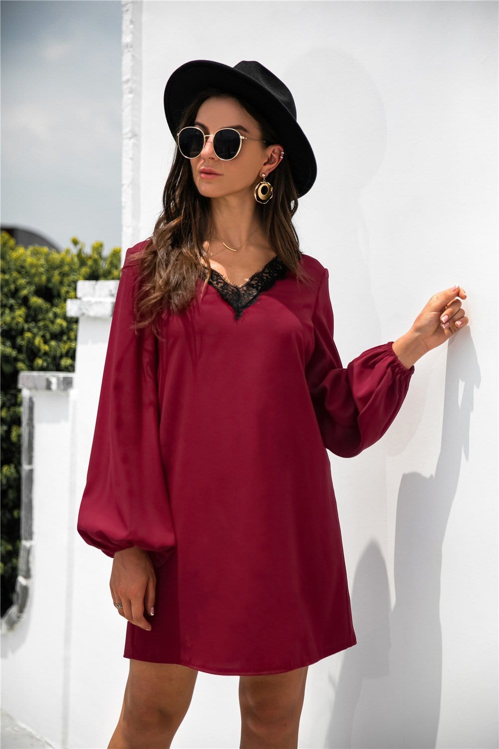 V-Neck Dress with Lace Trim