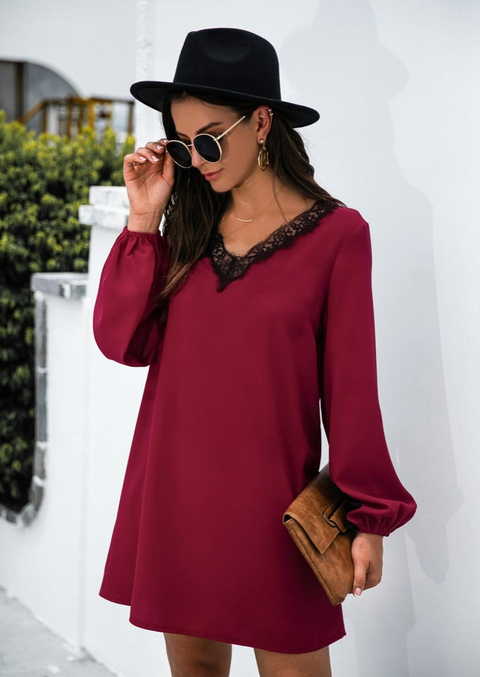 V-Neck Dress with Lace Trim
