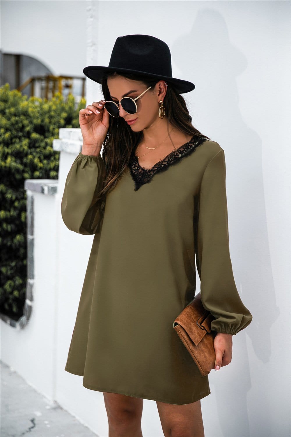 V-Neck Dress with Lace Trim