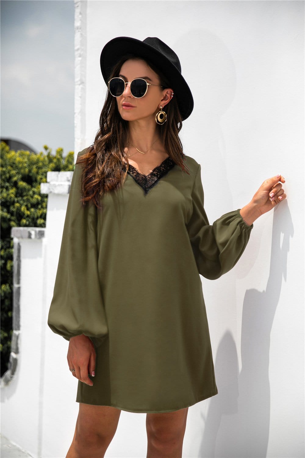 V-Neck Dress with Lace Trim