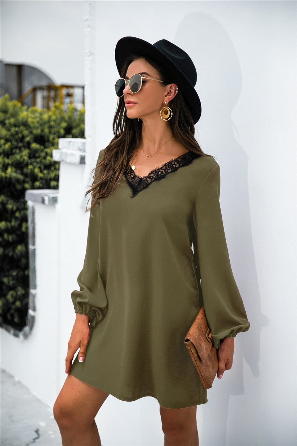 V-Neck Dress with Lace Trim