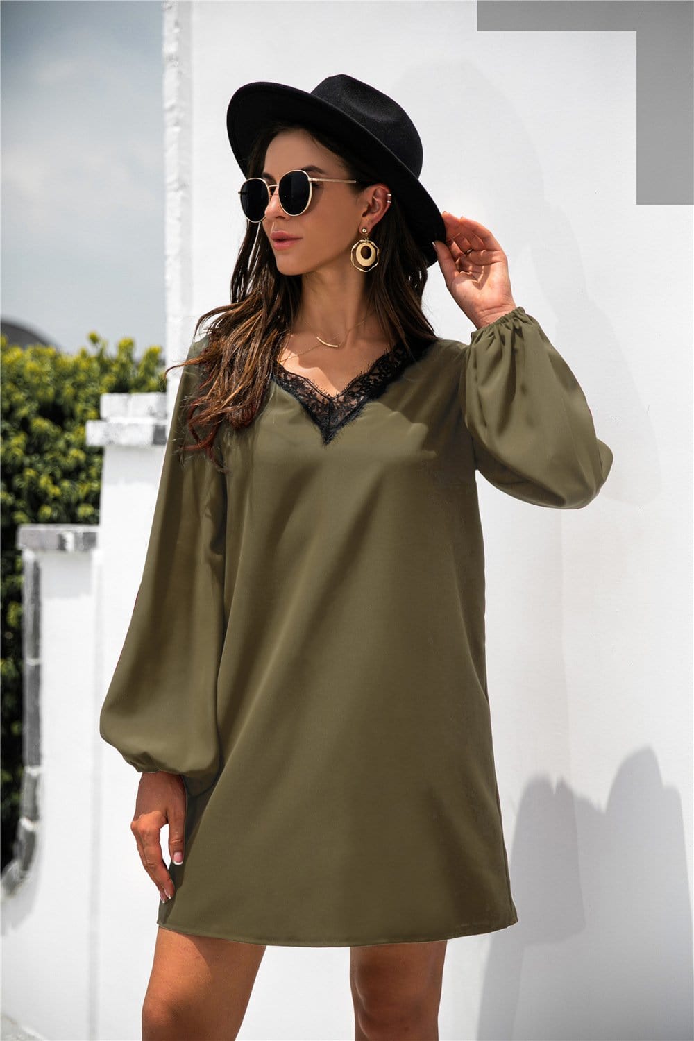 V-Neck Dress with Lace Trim