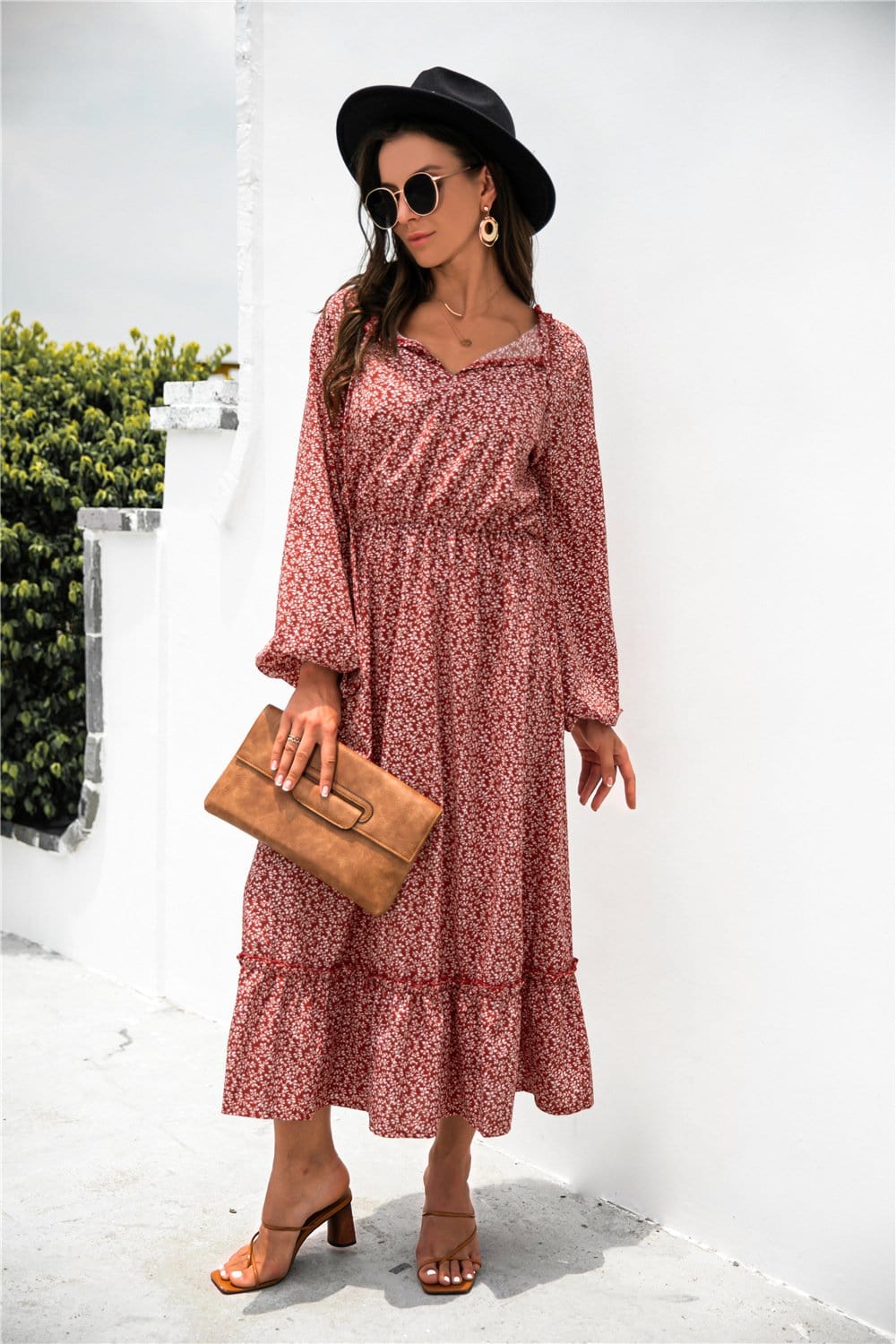 Ruffled Floral Dress with Long Sleeves
