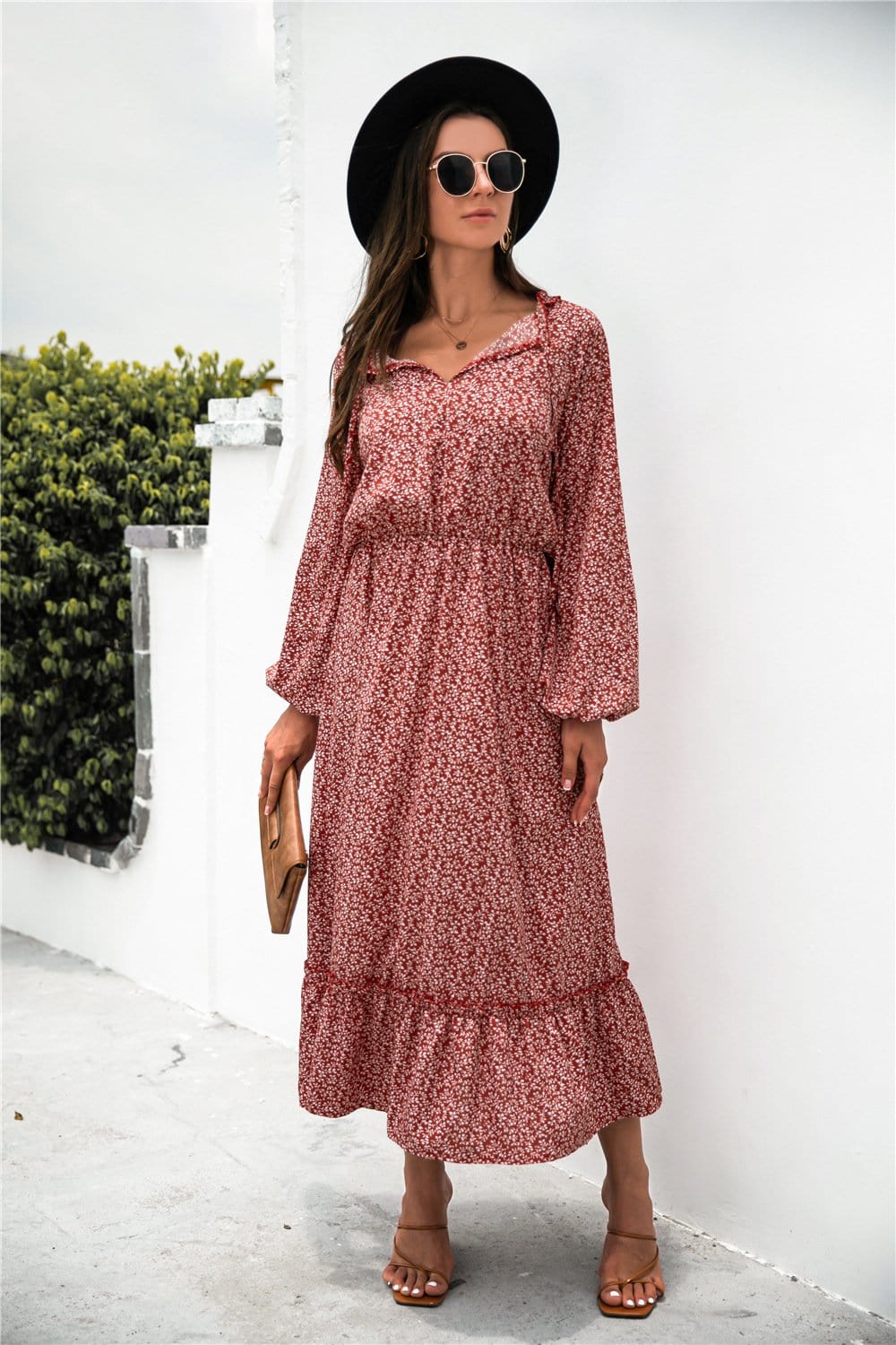 Ruffled Floral Dress with Long Sleeves