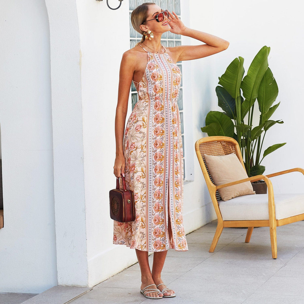 Floral Viscose Dress with Halter Neckline