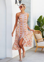 Floral Viscose Dress with Halter Neckline