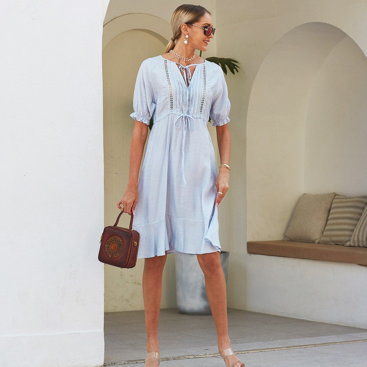 Dress with Crochet Detailing and Puff Sleeves