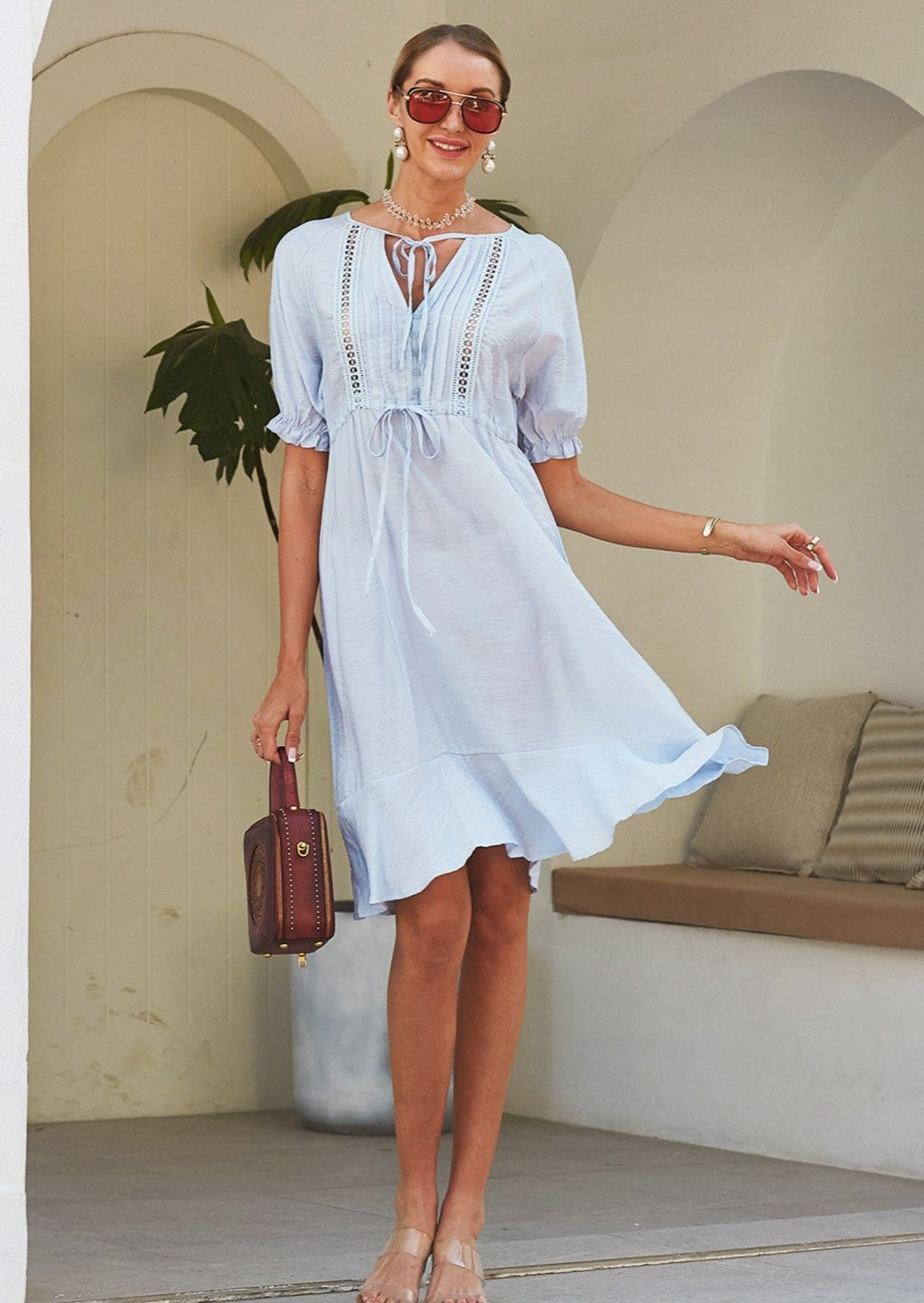 Dress with Crochet Detailing and Puff Sleeves