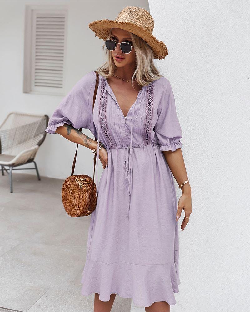 Dress with Crochet Detailing and Puff Sleeves