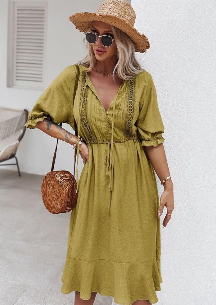 Dress with Crochet Detailing and Puff Sleeves
