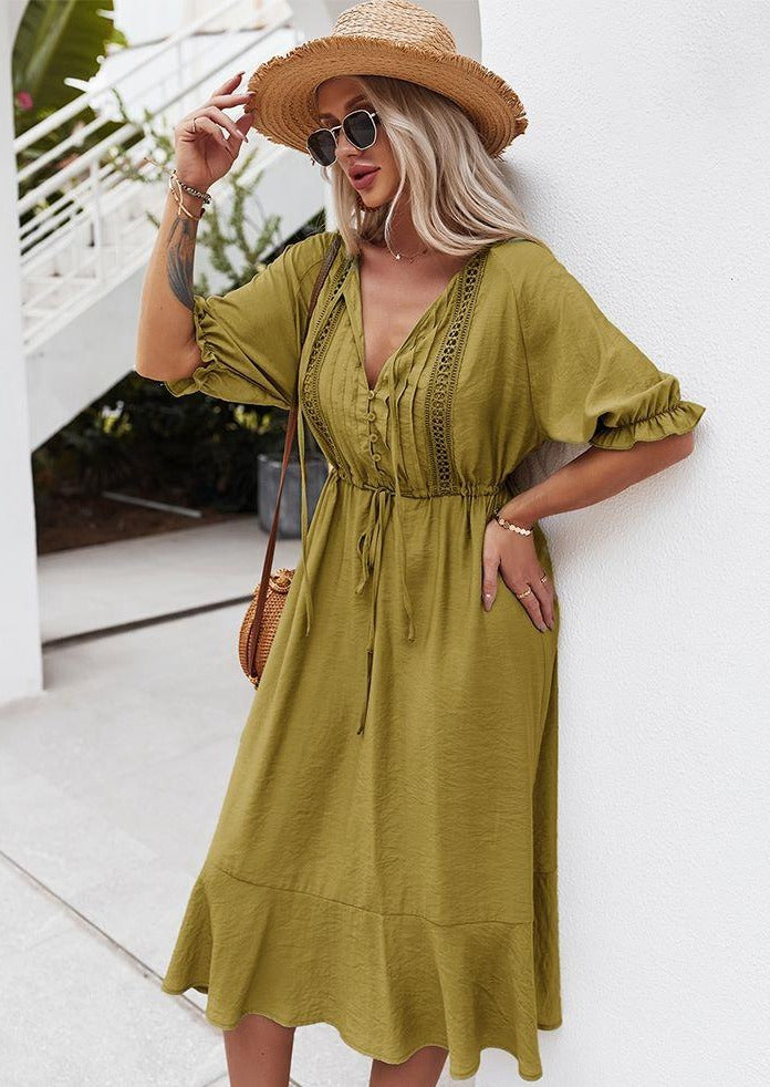 Dress with Crochet Detailing and Puff Sleeves