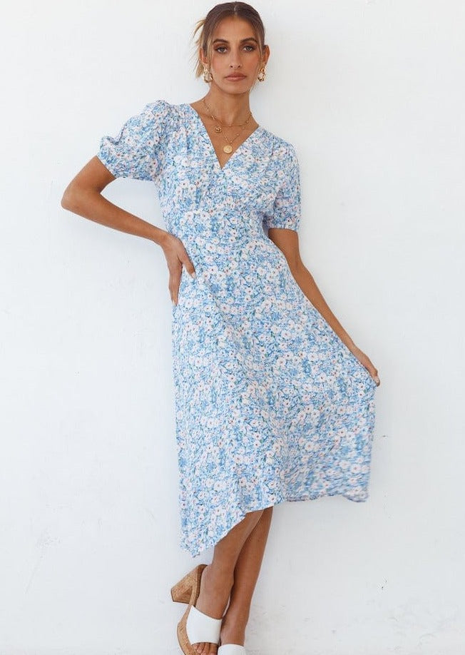 Floral V-Neck Asymmetric Dress