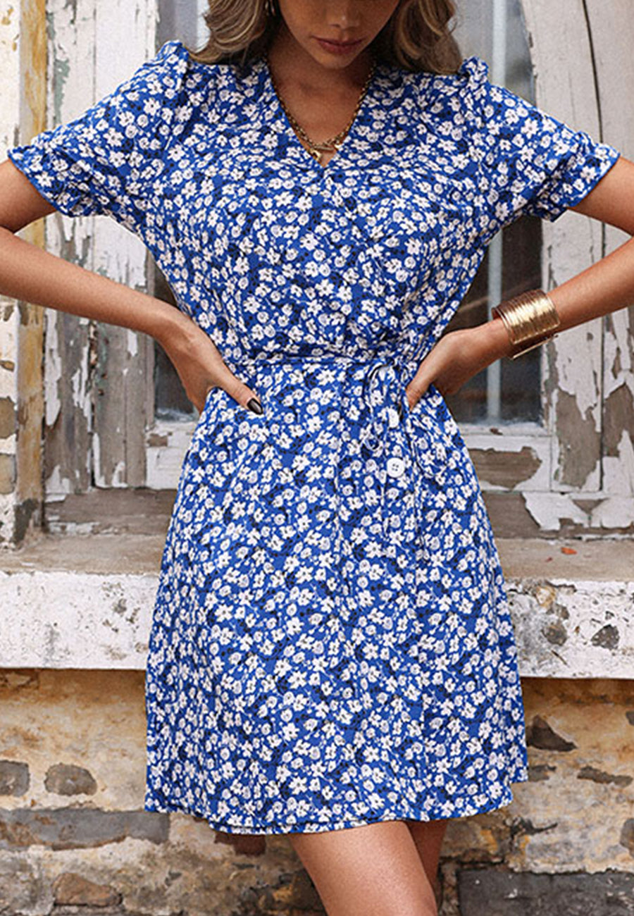 Button-Detail Floral Dress with Wrap Detail