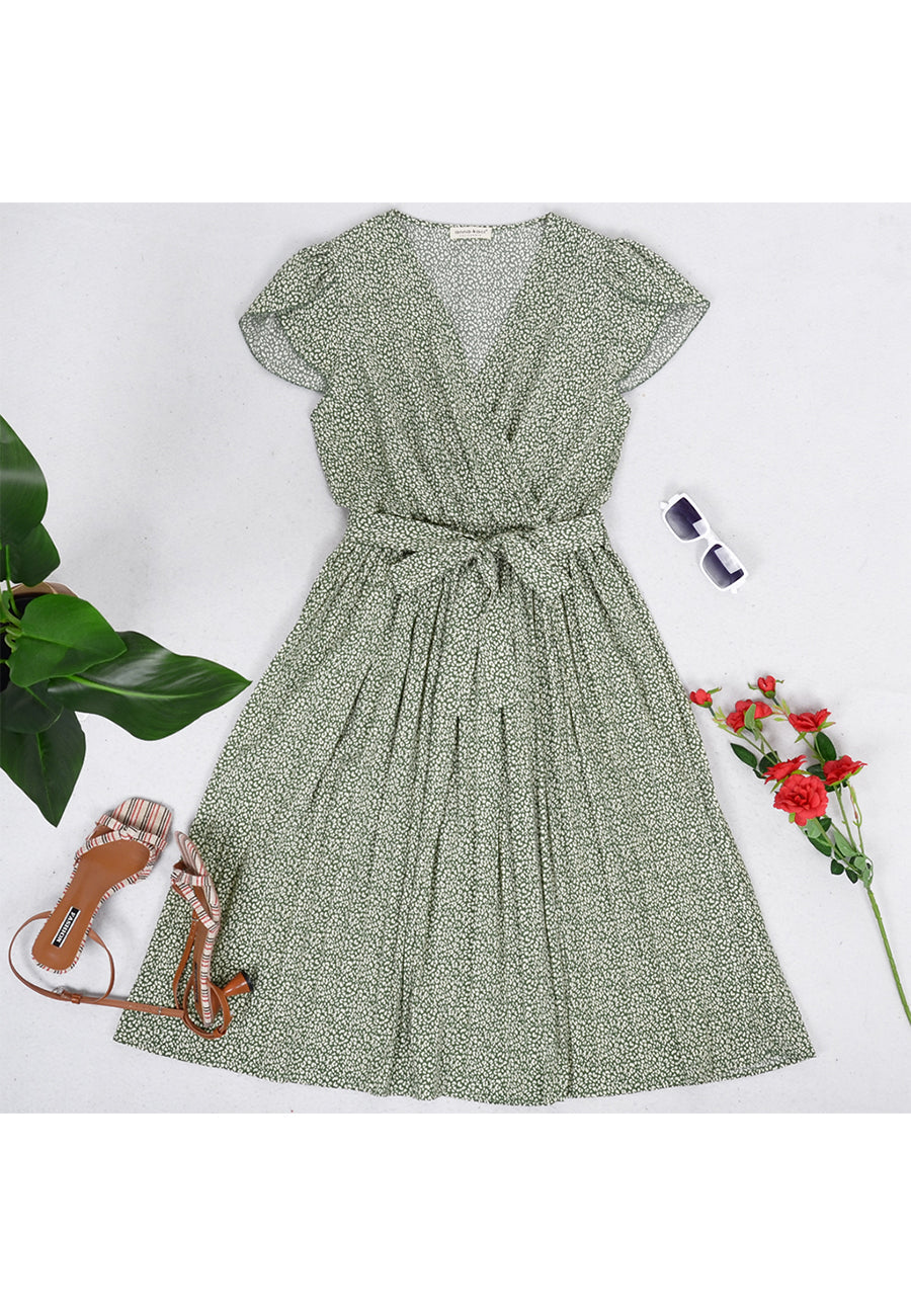 Floral Polyester Dress with Pleats