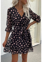 Printed Heart-Detail Dress with Ruffle Details