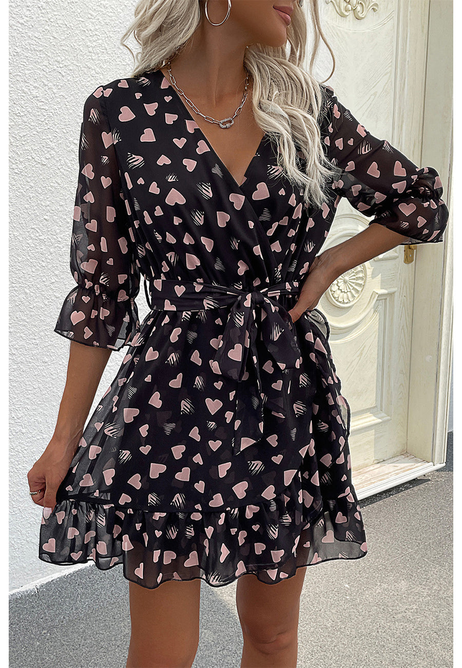 Printed Heart-Detail Dress with Ruffle Details