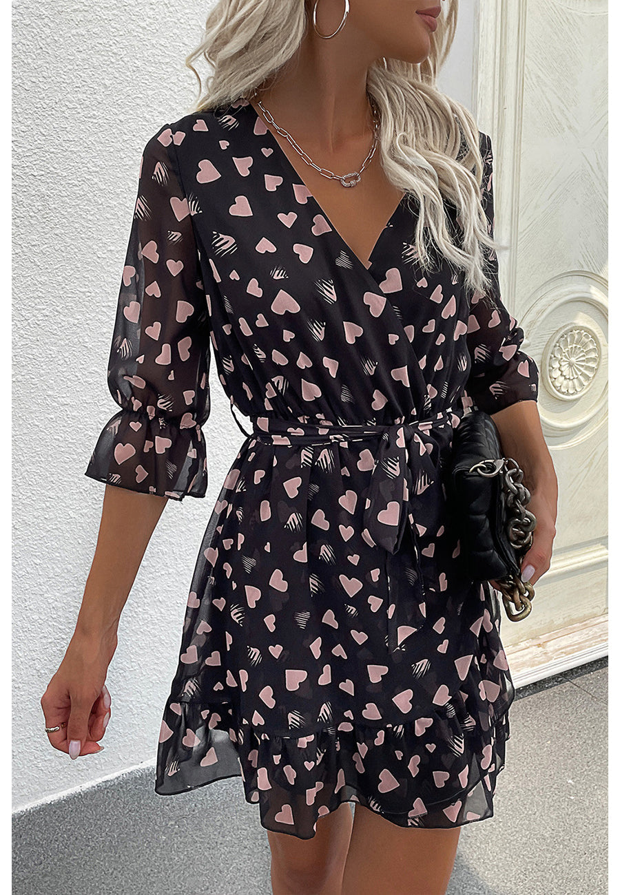 Printed Heart-Detail Dress with Ruffle Details