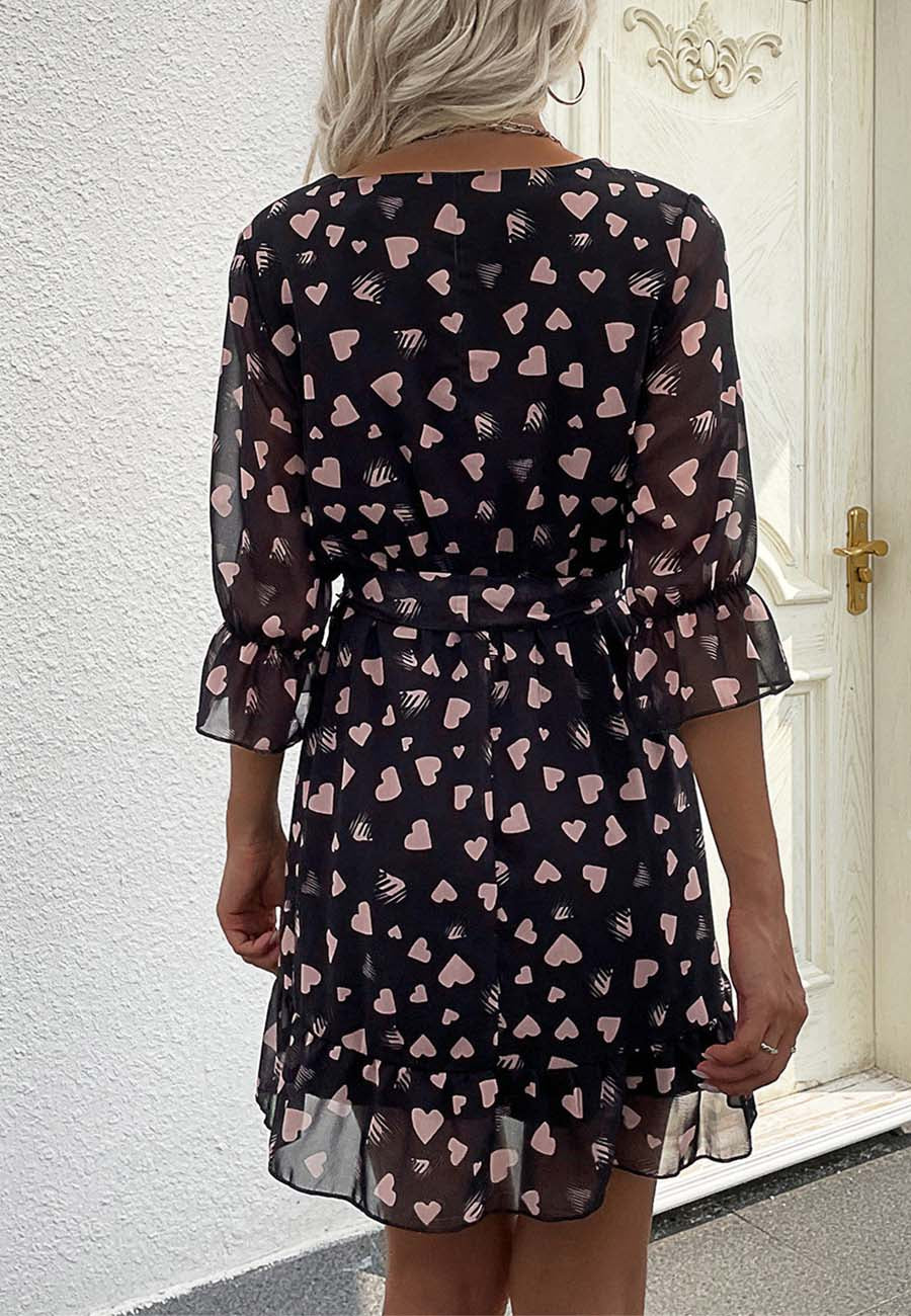 Printed Heart-Detail Dress with Ruffle Details