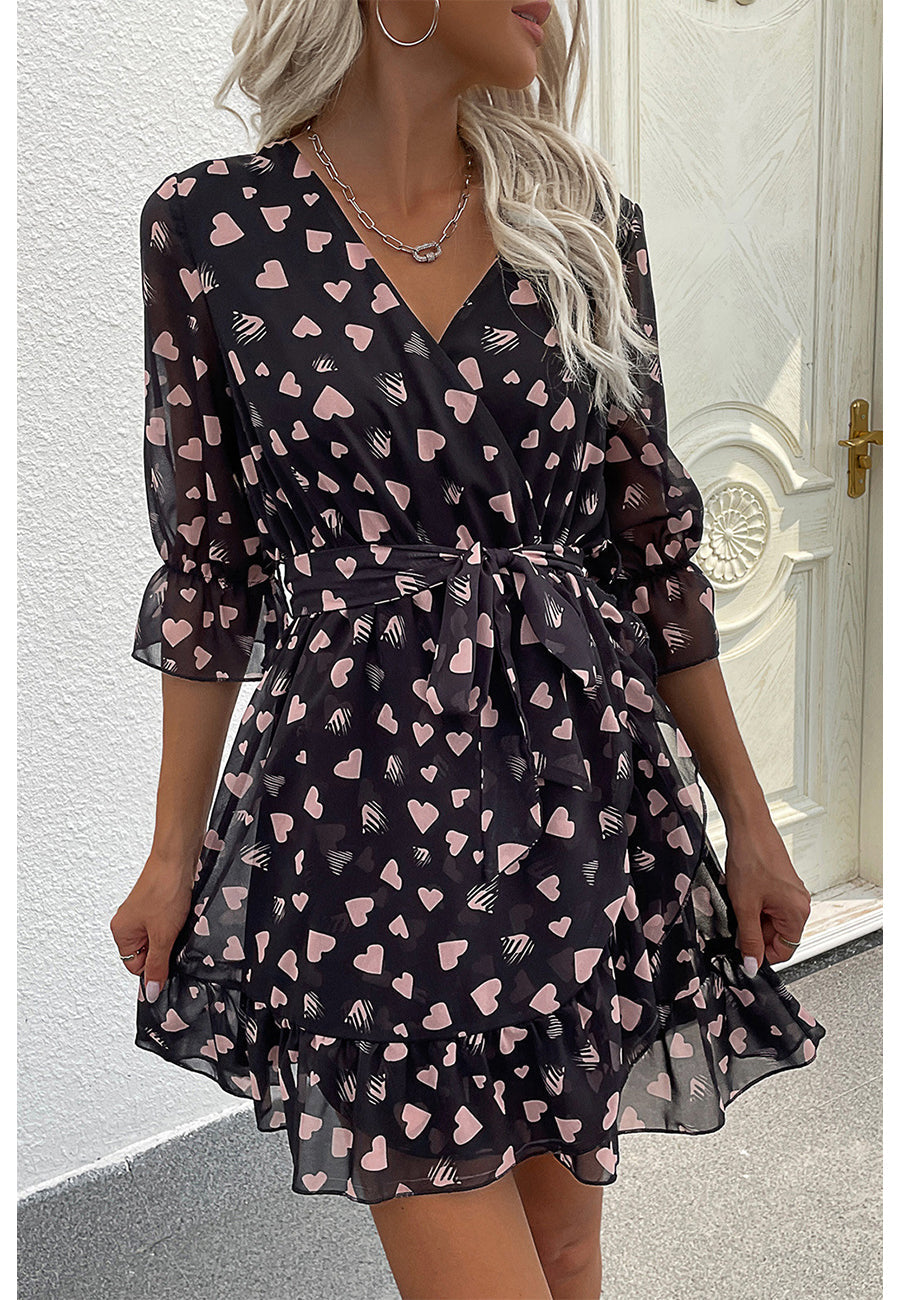 Printed Heart-Detail Dress with Ruffle Details