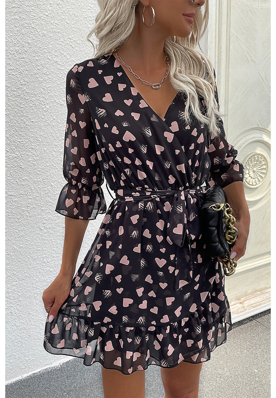 Printed Heart-Detail Dress with Ruffle Details