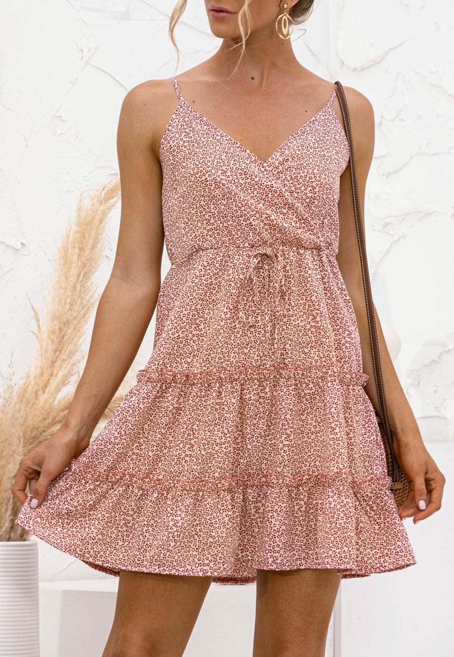 Floral Polyester Dress with Waist Tie