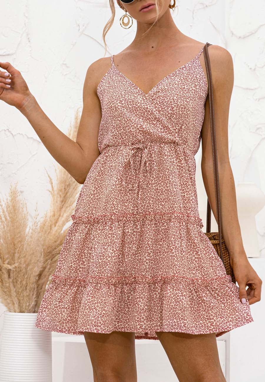 Floral Polyester Dress with Waist Tie