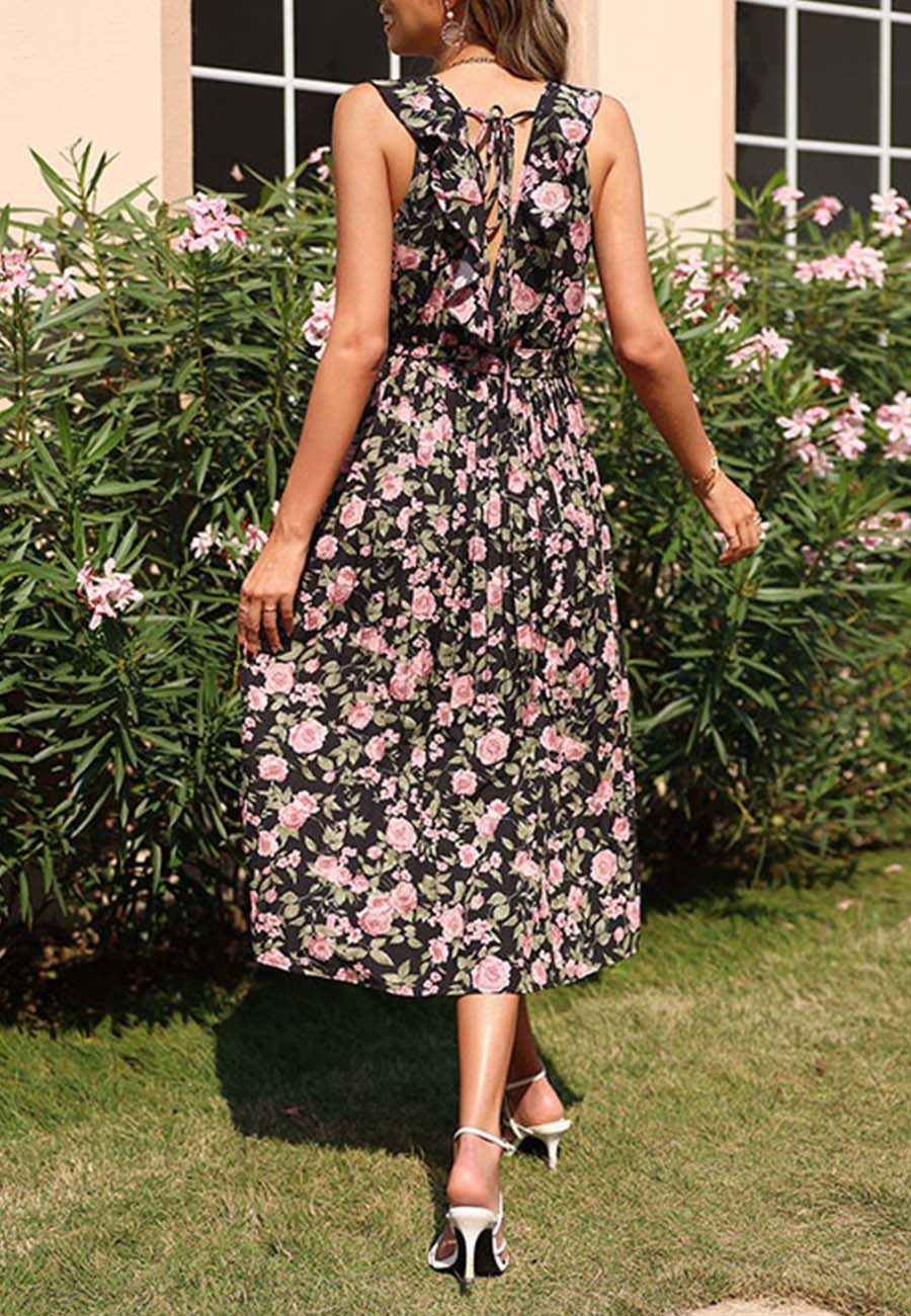 Ruffled Floral Dress with Pleats