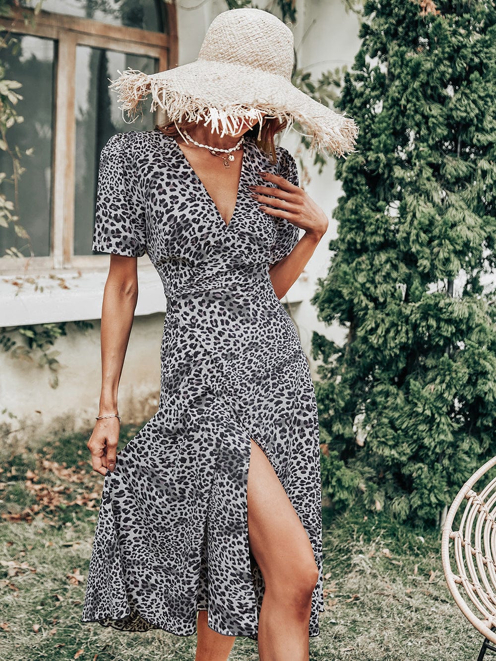 Leopard-Print Polyester Midi Dress with Plunging Neckline