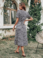 Leopard-Print Polyester Midi Dress with Plunging Neckline