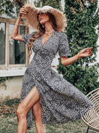 Leopard-Print Polyester Midi Dress with Plunging Neckline