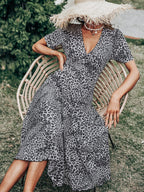 Leopard-Print Polyester Midi Dress with Plunging Neckline