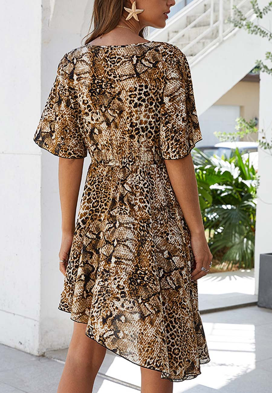 Animal-Print Polyester Dress with Round Neckline