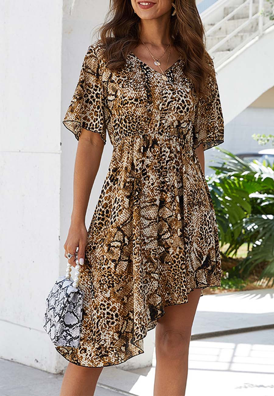 Animal-Print Polyester Dress with Round Neckline
