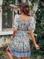 Smocked Floral Dress with Puff Sleeves