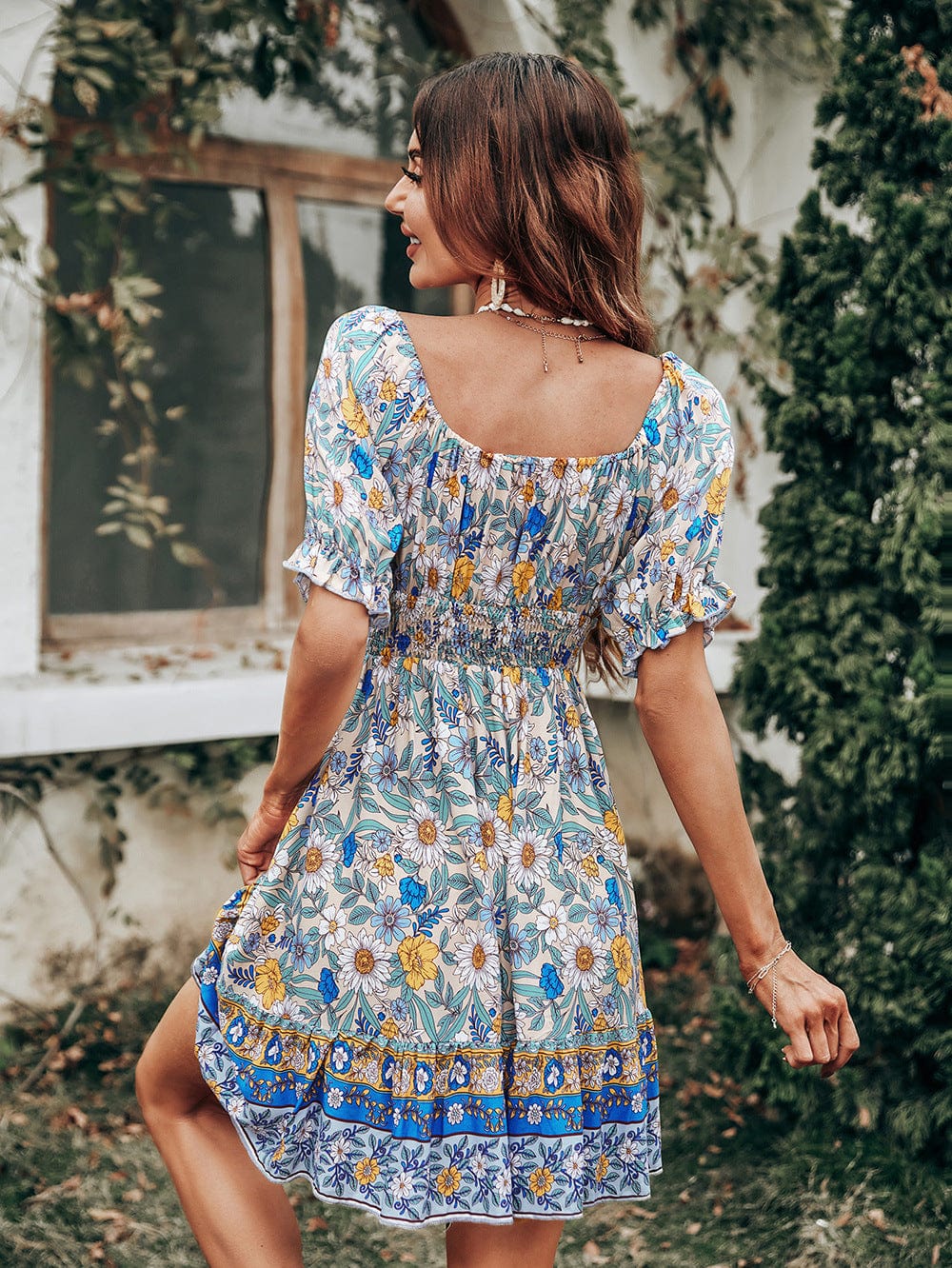 Smocked Floral Dress with Puff Sleeves