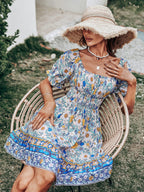 Smocked Floral Dress with Puff Sleeves