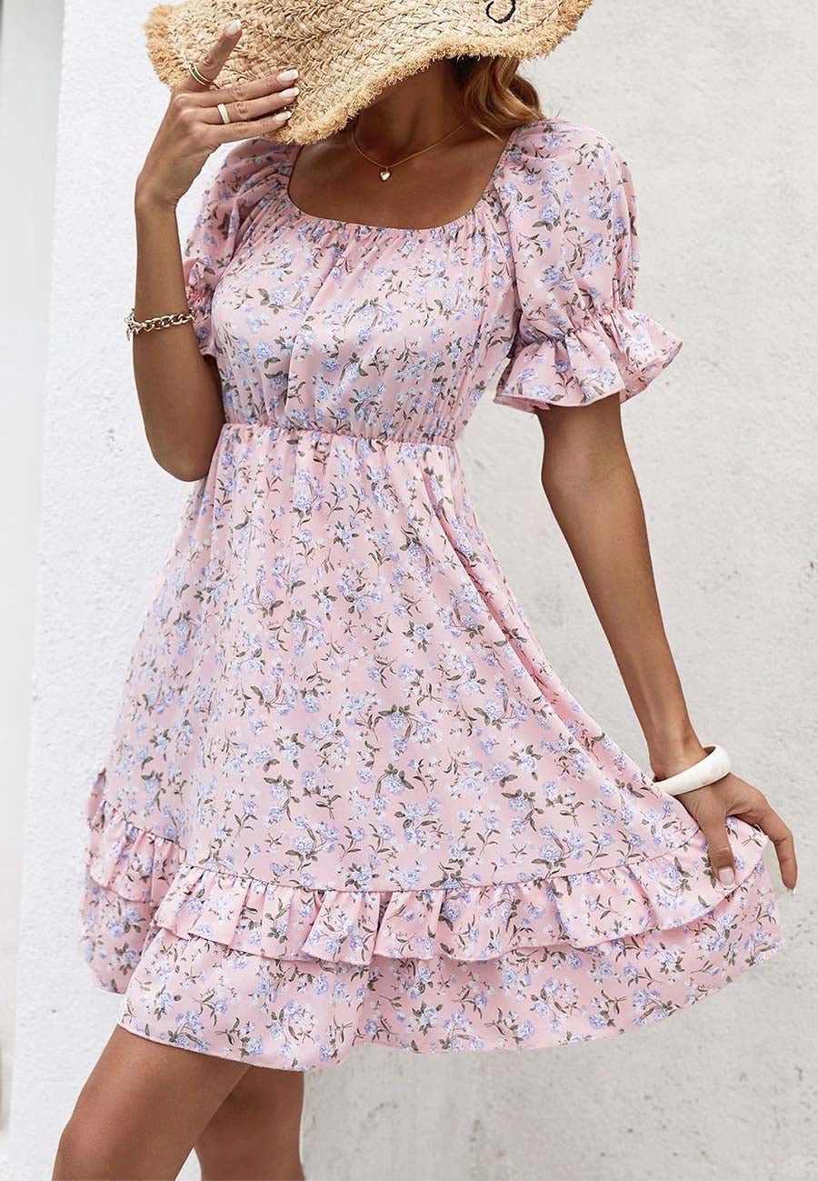Floral Ruffled Puff-Sleeve Dress