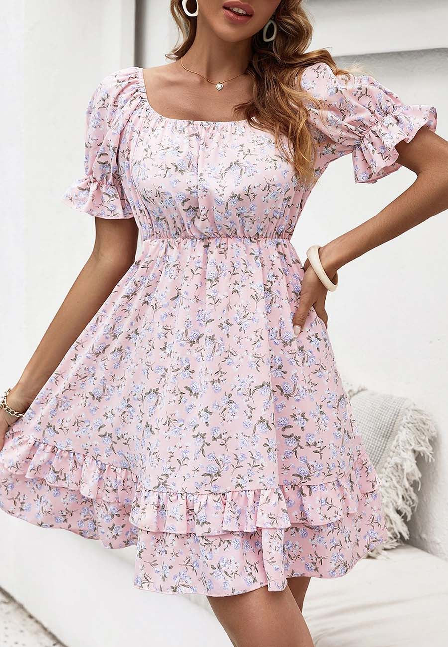 Floral Ruffled Puff-Sleeve Dress