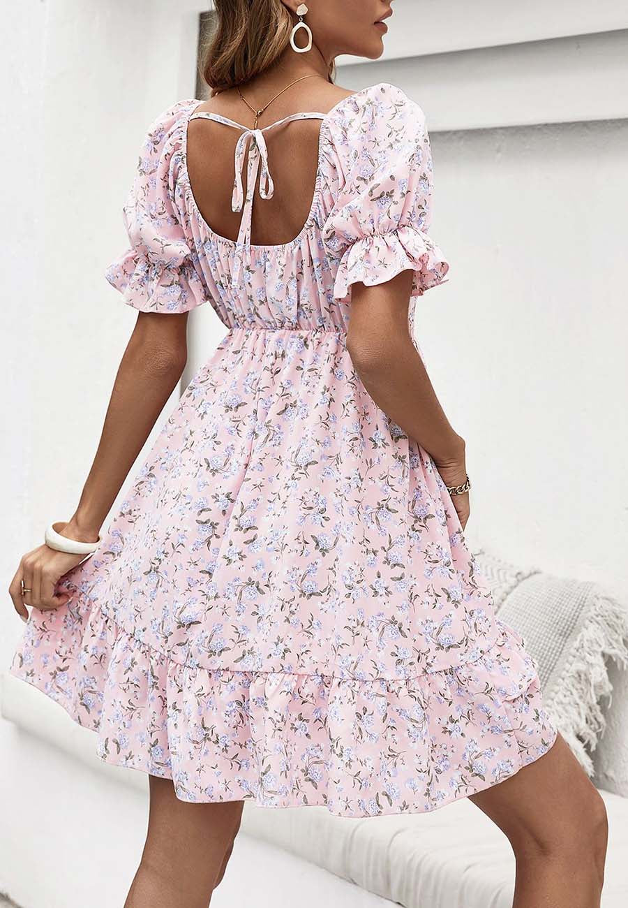 Floral Ruffled Puff-Sleeve Dress
