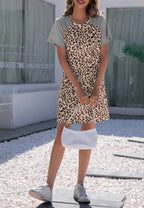Raglan Leopard-Print Dress with Round Neckline