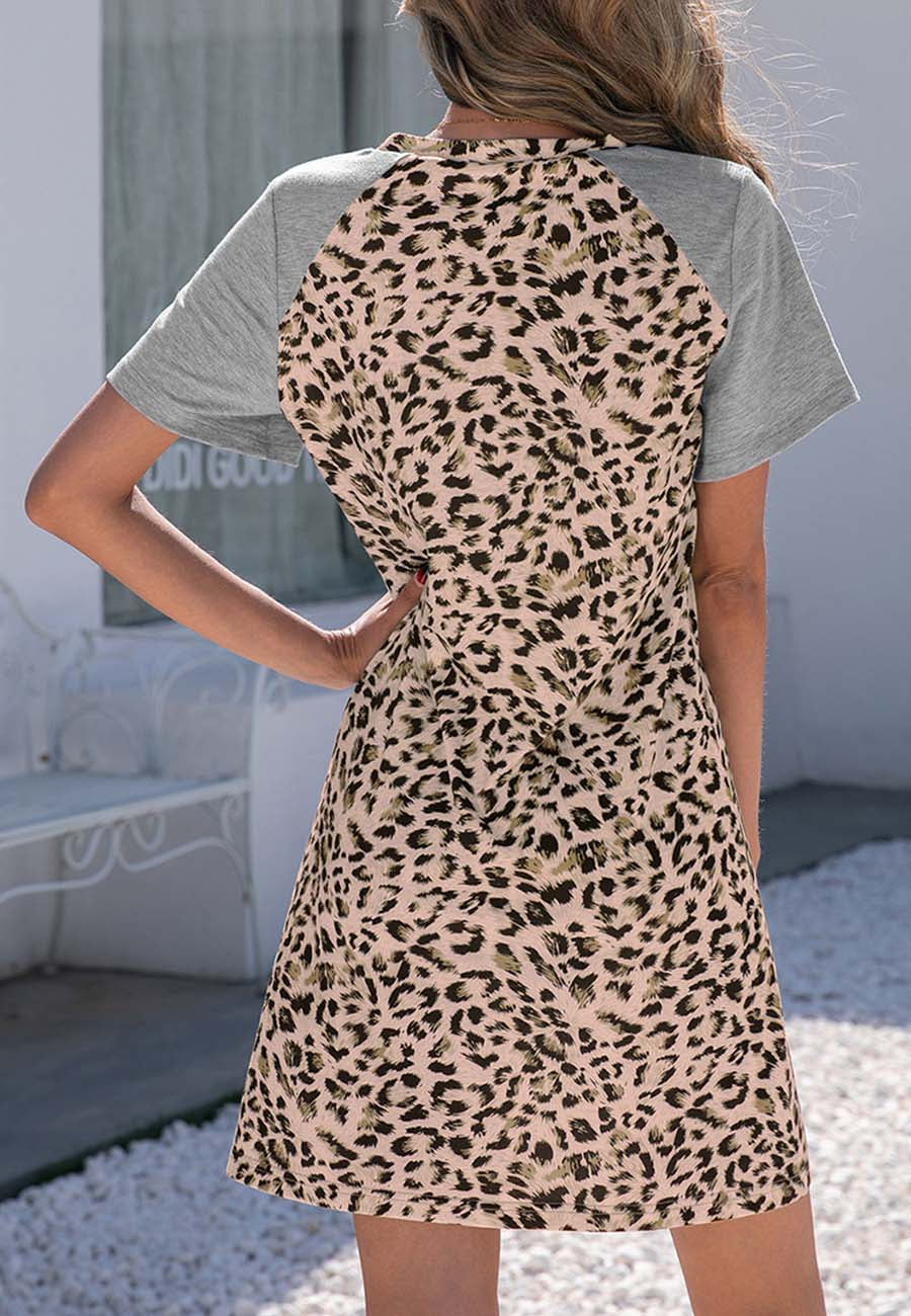 Raglan Leopard-Print Dress with Round Neckline