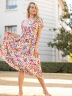 Puff-Sleeve Polyester Dress with Floral Details
