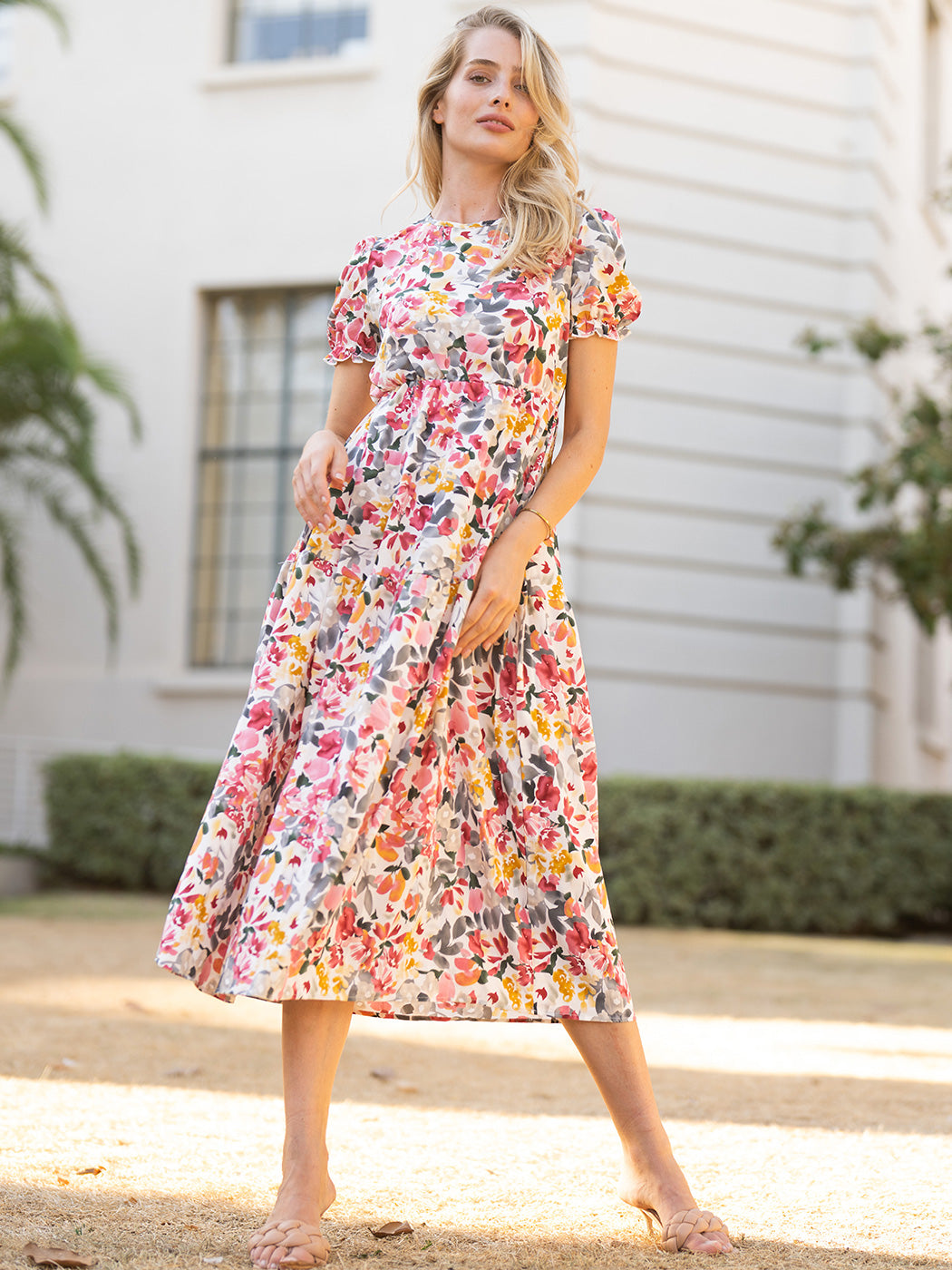 Puff-Sleeve Polyester Dress with Floral Details