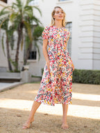 Puff-Sleeve Polyester Dress with Floral Details