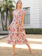 Puff-Sleeve Polyester Dress with Floral Details