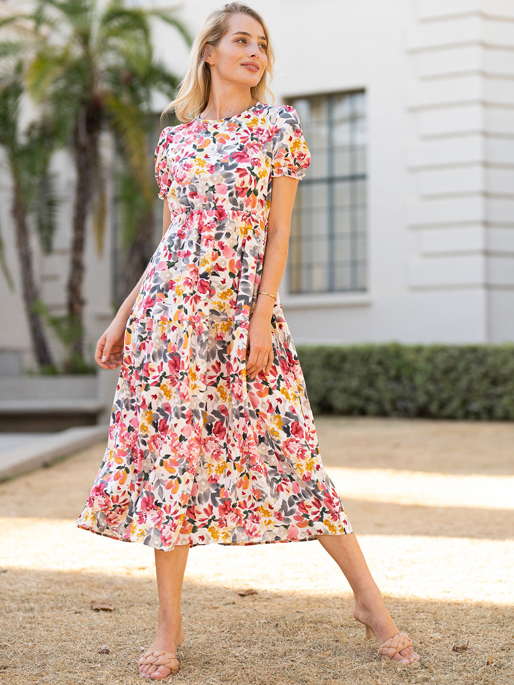 Puff-Sleeve Polyester Dress with Floral Details