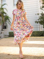 Puff-Sleeve Polyester Dress with Floral Details