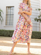 Puff-Sleeve Polyester Dress with Floral Details