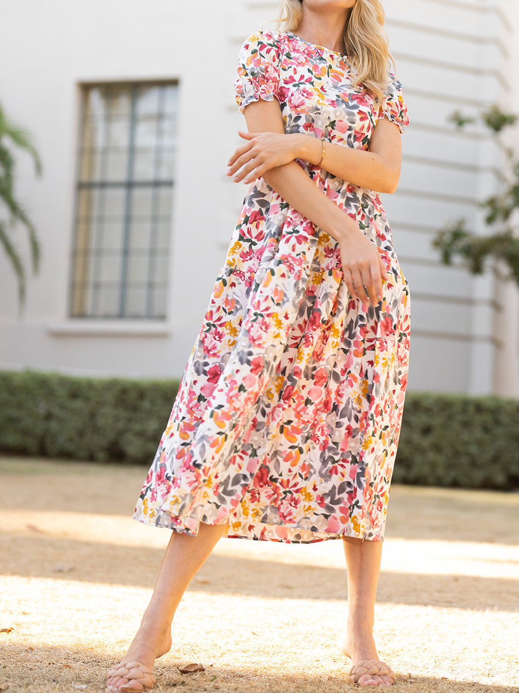 Puff-Sleeve Polyester Dress with Floral Details